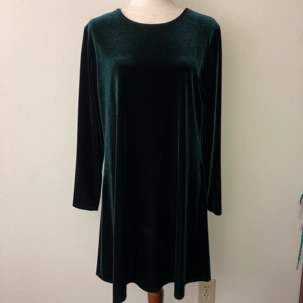 Vintage 1990s K.C. Spencer Green Velvet Long Sleeve Shift Dress Grunge 14